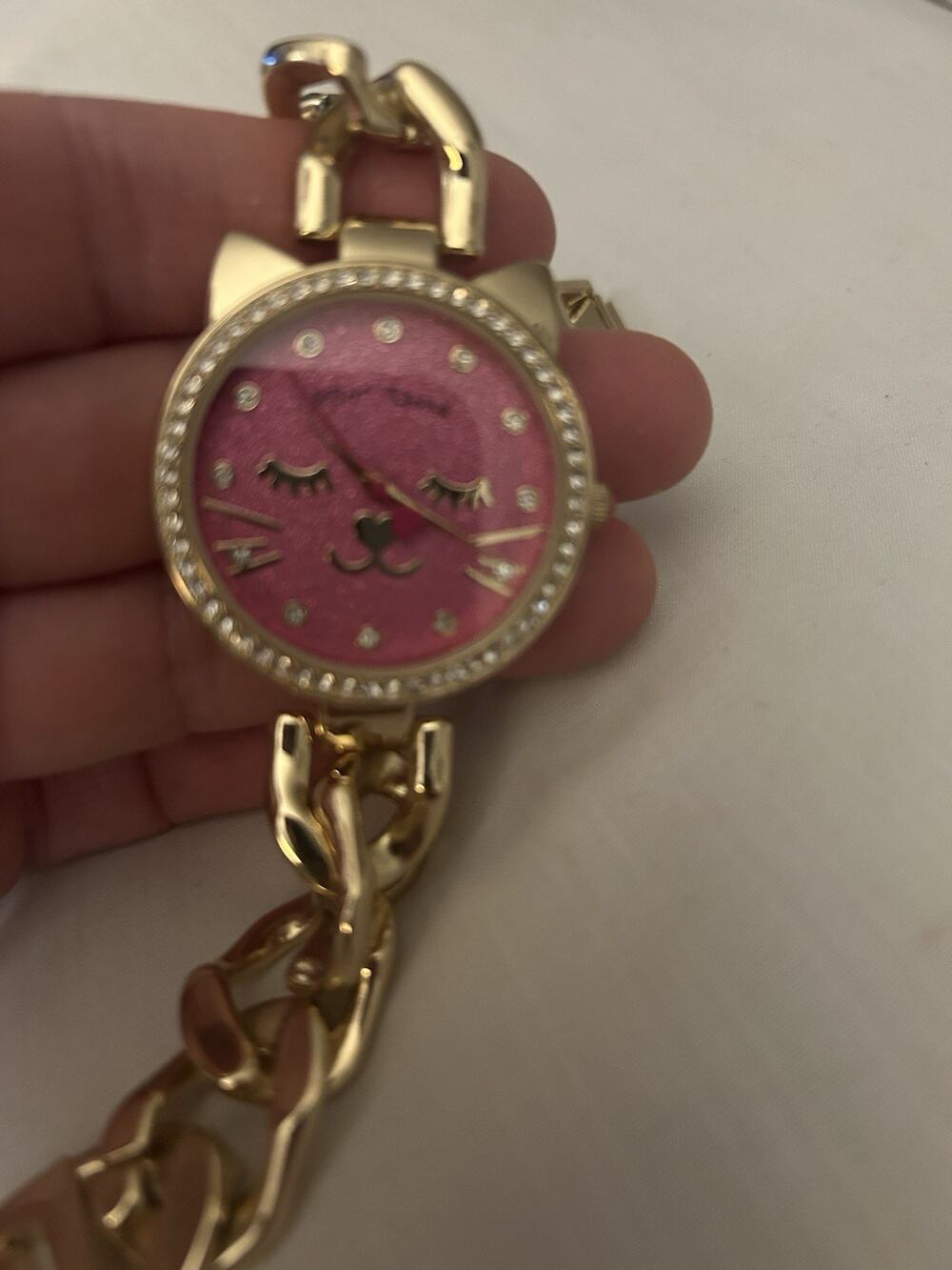 BETSEY JOHNSON Rhinestone Pink Cat Heart Crown Womens Watch NEEDS BATTERY